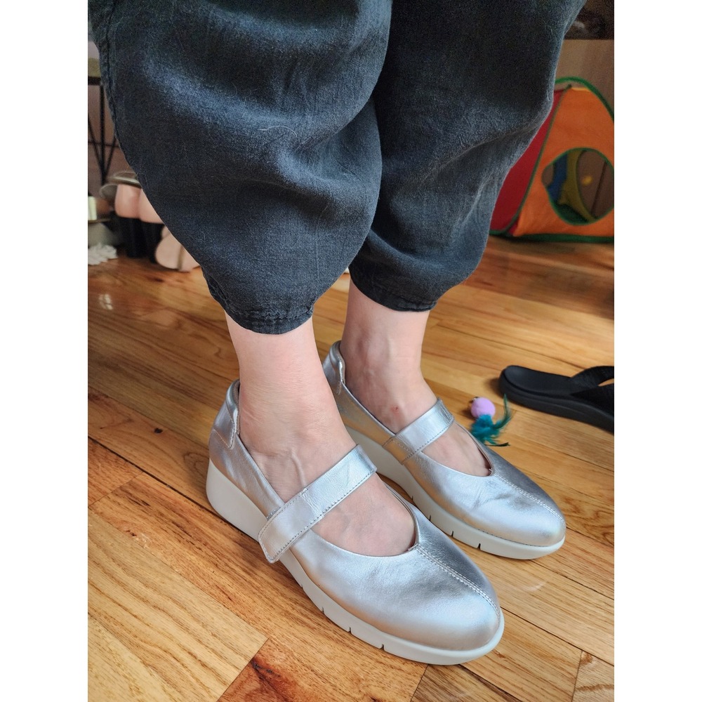 SAYDO Silver Leather Mary Jane Wedge Shoes‎ Size 41 Metallic Platform NEW